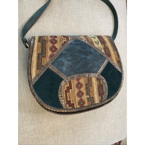 STEVEN BY STEVE MADDEN XL Leather Tapestry Crossbody Carpet Shoulder Bag NEW - Picture 4 of 16